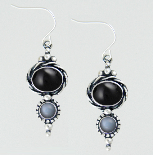 Sterling Silver Drop Dangle Earrings With Black Onyx And Grey Moonstone